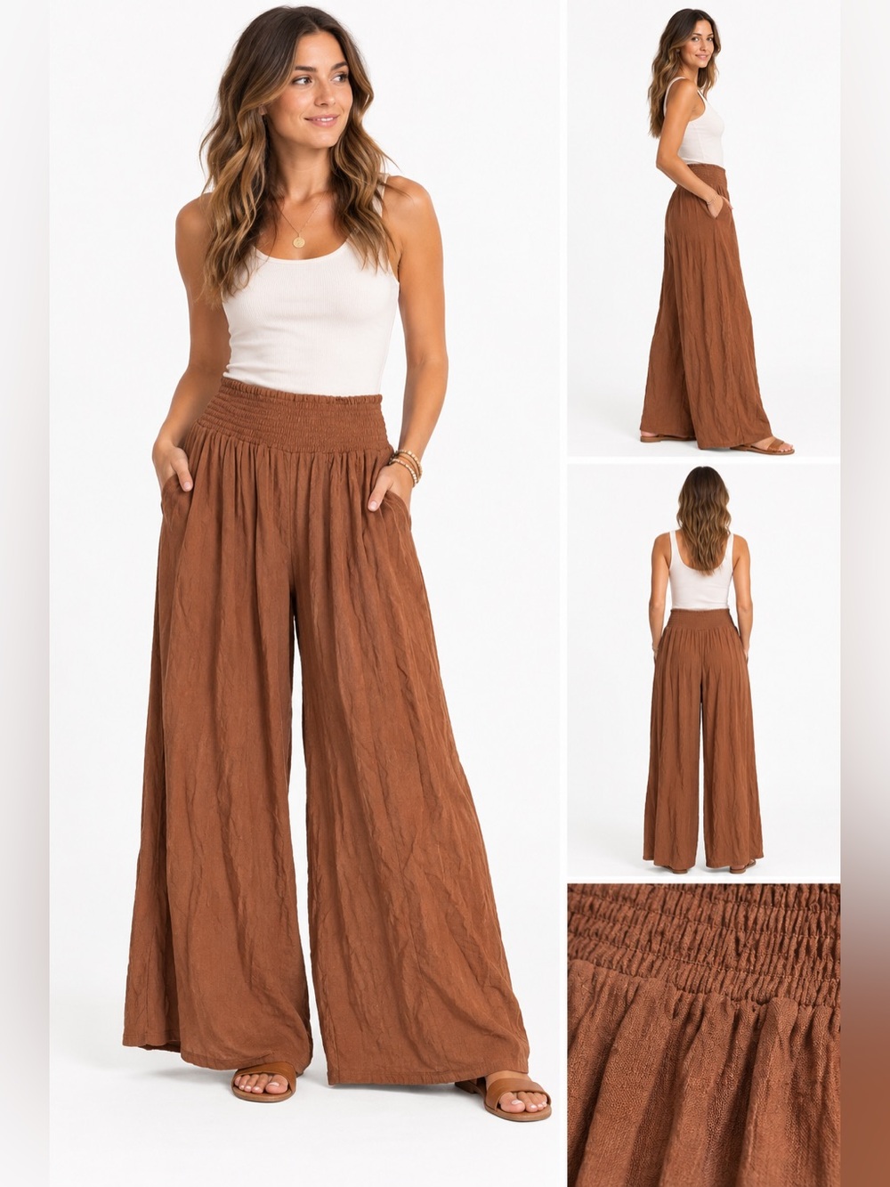 Harper Pants Womens Small Caramel Smocked Waist Wide Leg Flowy Boho Palazzo